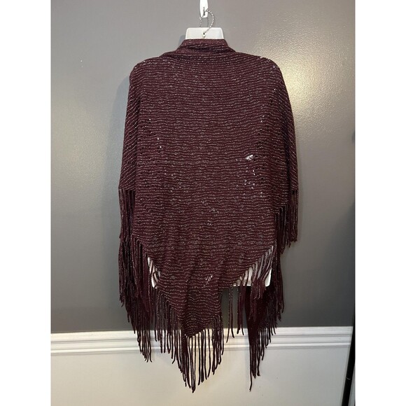 David and Young Poncho Womens One Size Burgundy Metallic Knit Fringe Ruana Wrap - Picture 4 of 9